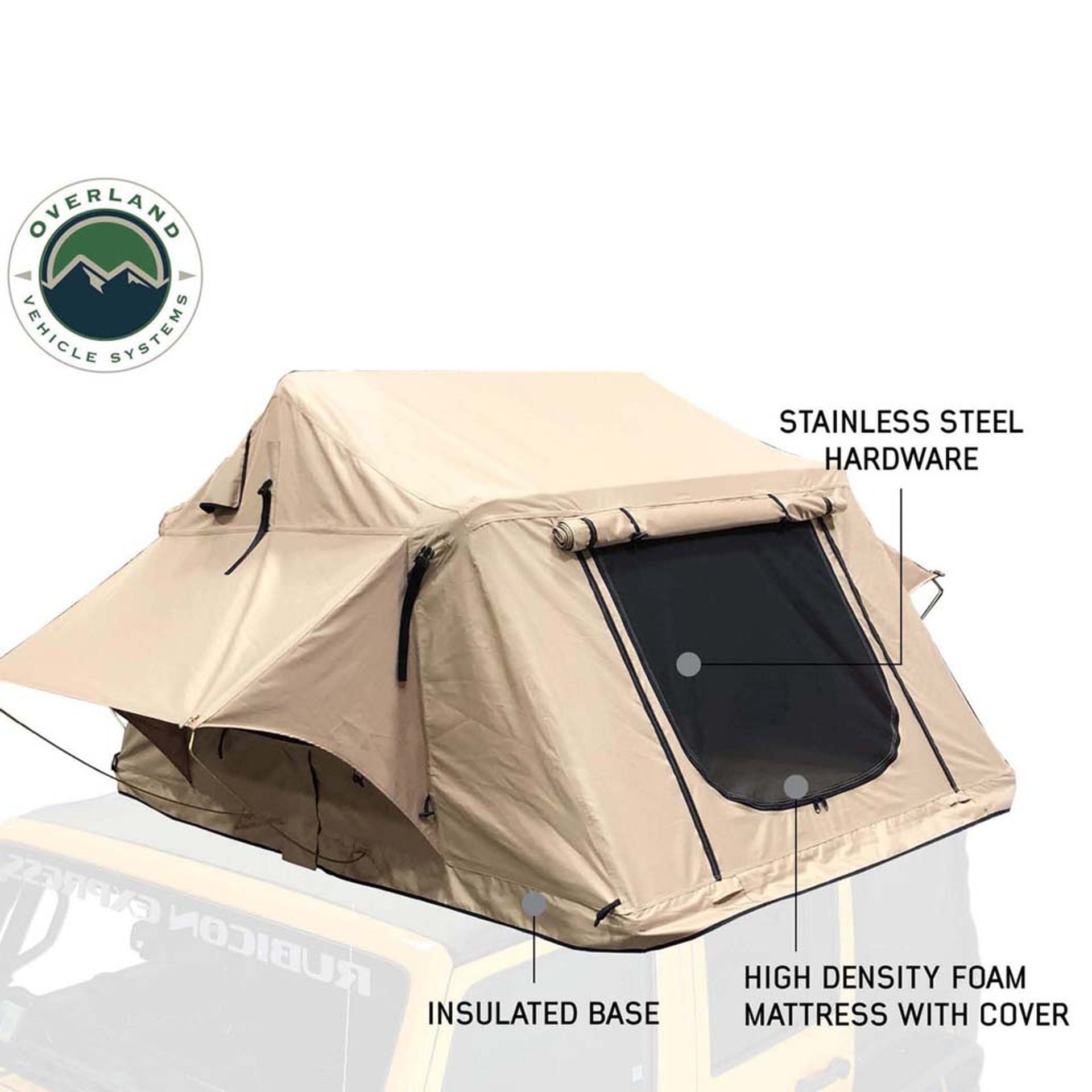Overland Vehicle Systems LD TMBK 3 Soft Shell Roof Top Tent, Tan Body & Green Rainfly 18119733