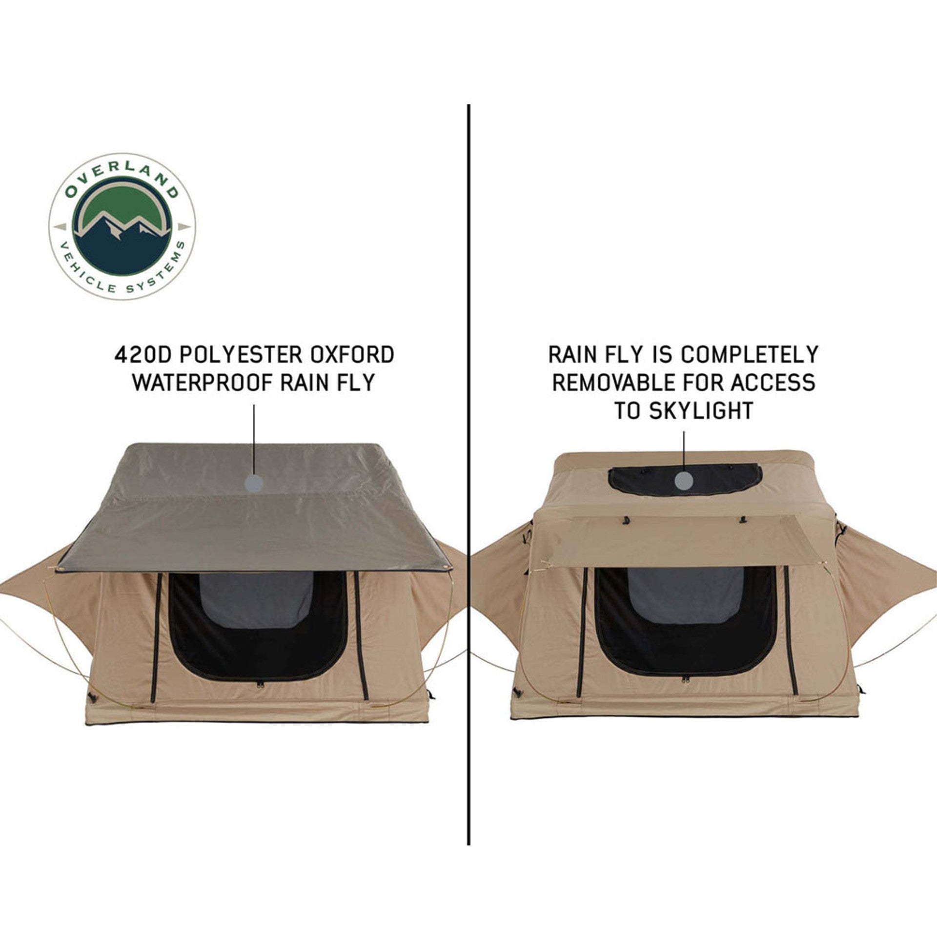 Overland Vehicle Systems LD TMBK 3 Soft Shell Roof Top Tent, Tan Body & Green Rainfly 18119733